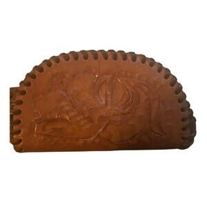 GUC Vintage Leather Hand Tooled Coin Purse Zipper Tab Laces